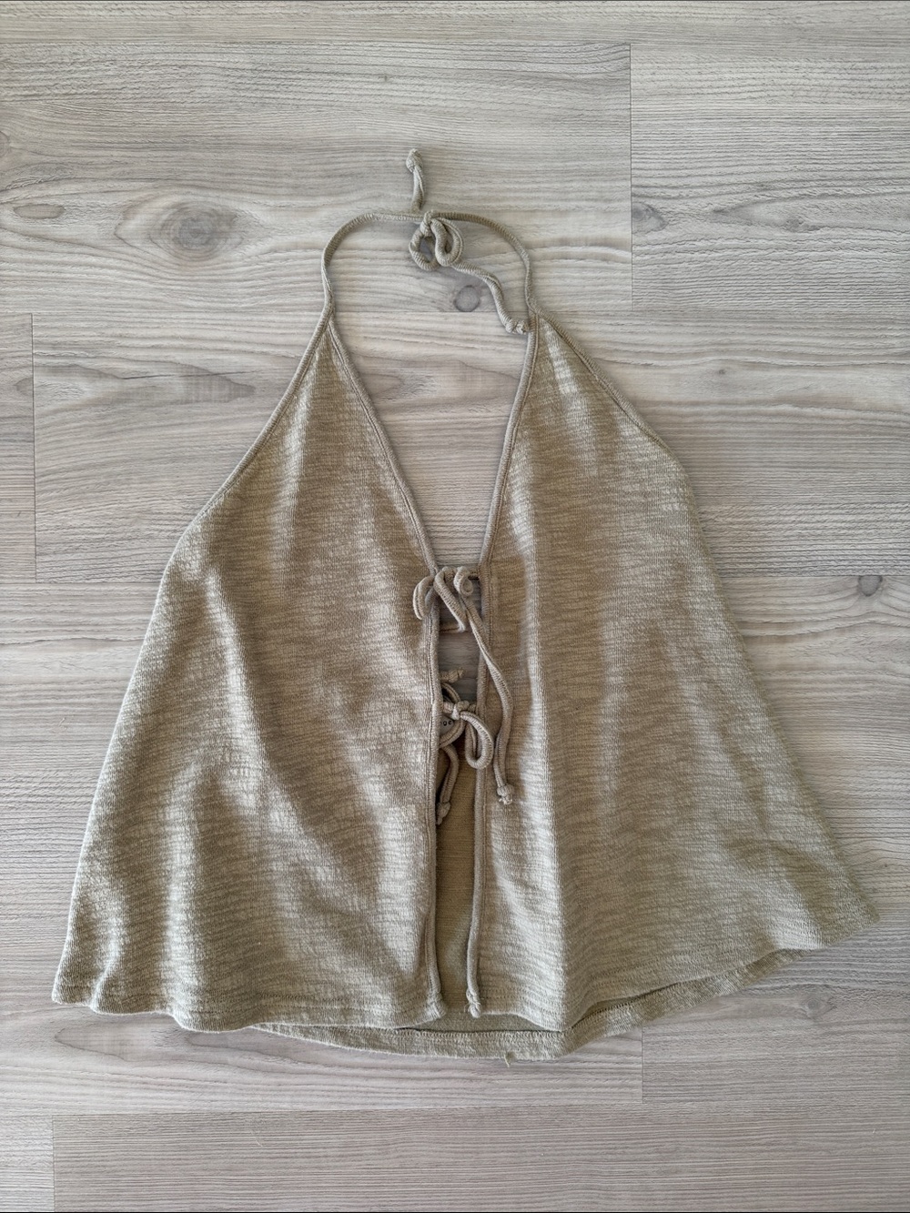 By Together Olive/Beige Knit Halter Tie Front Open Back Top